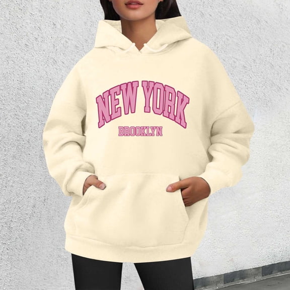 Womens New York Print Hoodies Long Sleeve Y2K 2026 Sweatshirts Crewneck Loose Fit Holiday Tops