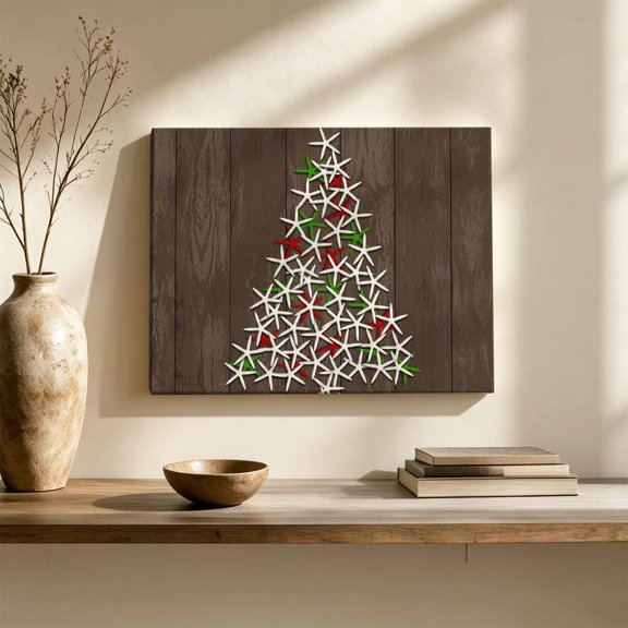 Coastal Christmas Theme Canvas Wall Art, Red Green Starfish Xmas Tree Wood Grain Wall Art Prints Artwork Framed Canvas Ready to Hang Art Pictures for Hallway Living Dining Room Bedroom 24" x 16"