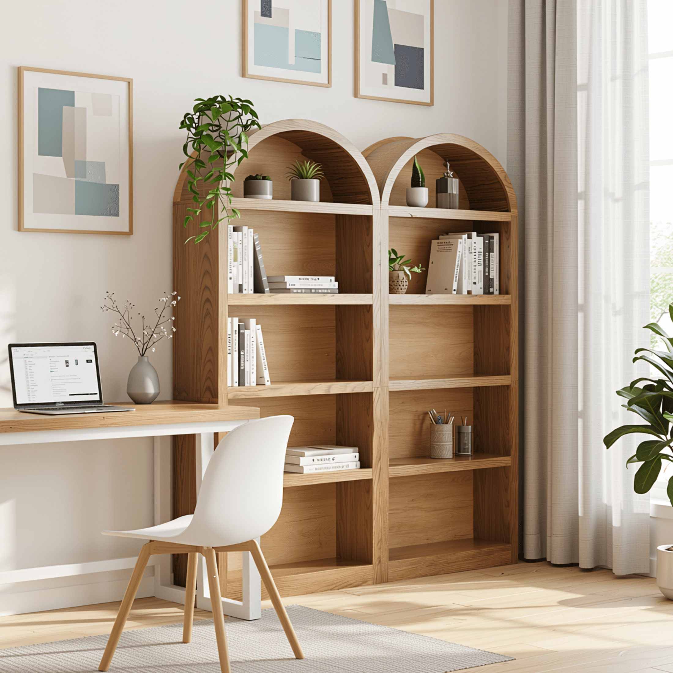 Homy Casa 69" Tall Arched Bookcase Set of 2, Wood Grain 4-Shelf Display Bookshelves, Natural