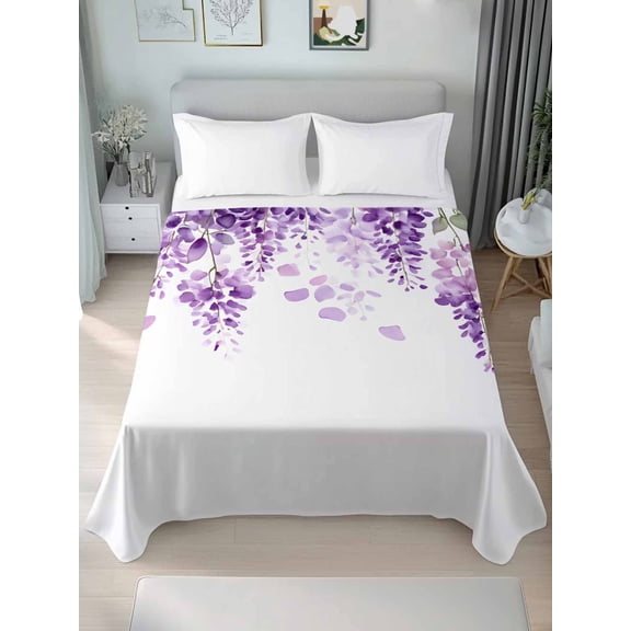 Wisteria Flowers King Size Flat Sheet, Wrinkleproof & Fadeproof Cooling Flat Bed Sheet Only, Purple Floral Warercolor Summer Breathable Soft Bedding Top Sheets 105 x 98 Inches