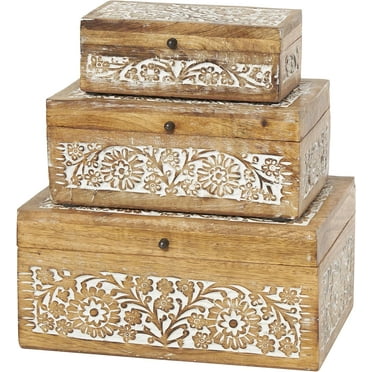 79 Mango Wood Floral Decorative Box Decorative Keepsake Boxes with Hinged Lid, Set of 3 Storage Boxes 8", 10", 12"W, Brown