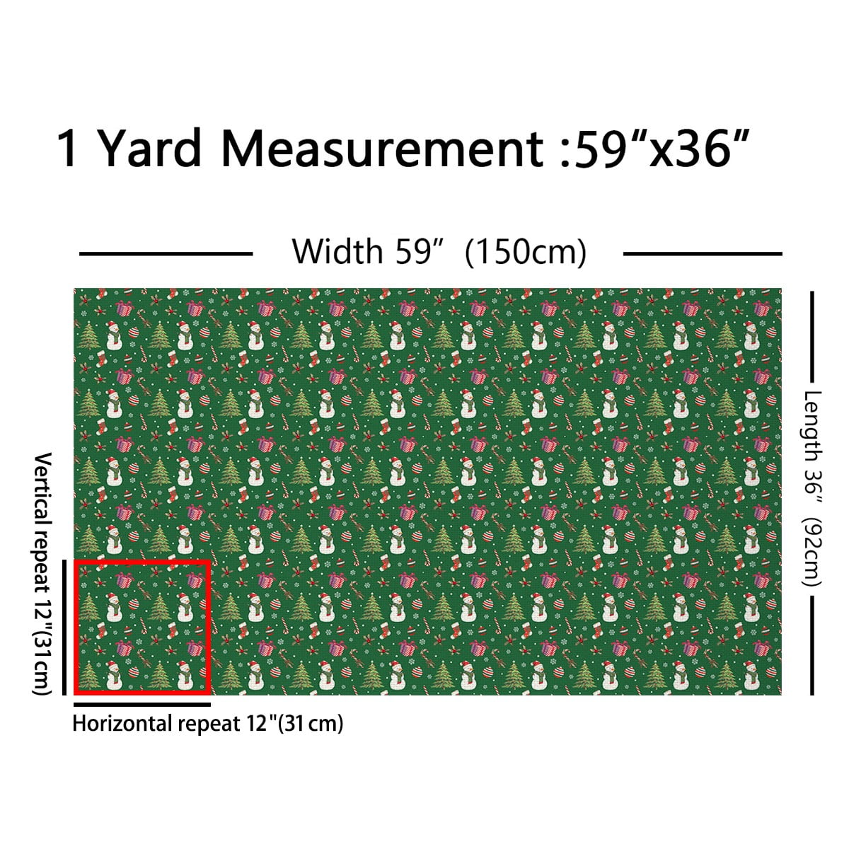 Homewish Green Xmas Tree Fabric by the Yard 2 Yards for Girls, Kawaii Winter Snowman Sewing Fabric, Santa Claus Gift Fabric for Sewing, Breathable Home Decor