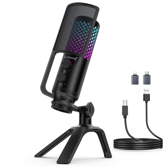 ZealSound Podcast Microphone for PC/Mac/iPhone/Phone – 96kHz/24bit USB Condenser Mic with Noise Reduction, Tap-to-Mute, Gain Control, Zero-Latency Monitor, RGB Light for Streaming, Gaming, Recording
