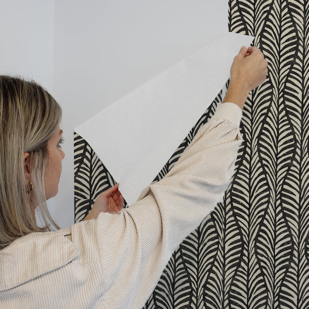 Tempaper Block Print Leaves Black Peel and Stick Wallpaper, 20.5" x 16.5'