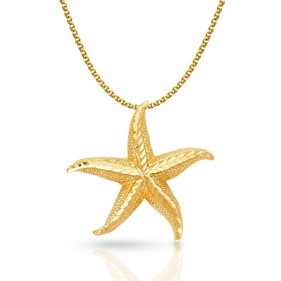 14K Yellow Gold Starfish Charm Pendant with 1.7mm Flat Open Wheat Chain Necklace - 22"