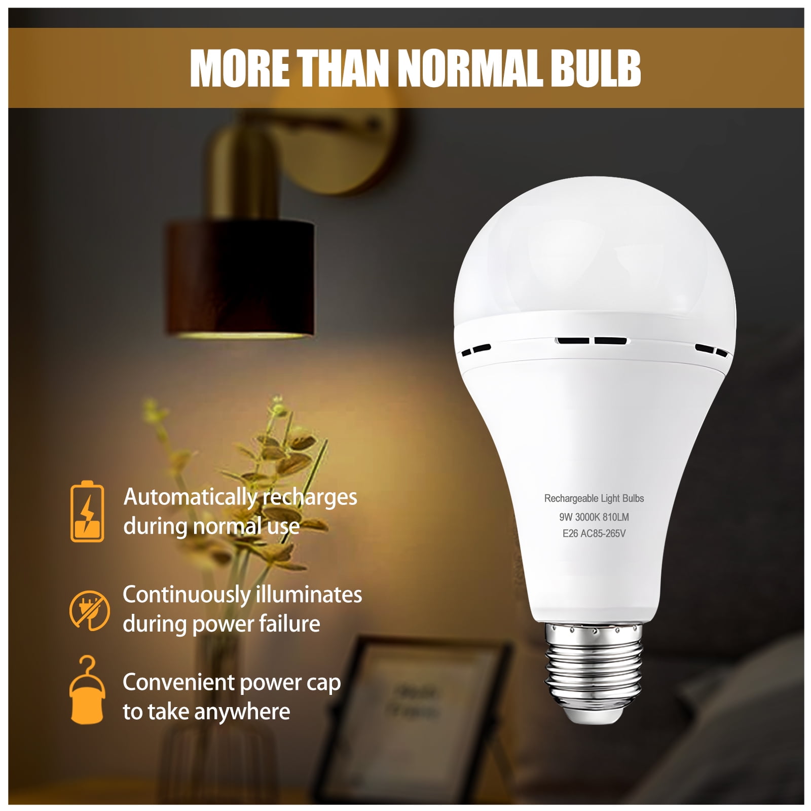 Emergency Rechargeable Light Bulbs 6 PCS, Keep Lighting When Power Failure, A21 9W 60W Equiv., Battery Operated Light Bulb with 1200mAh for Home Camping, Emergency Time 4-5 hrs(with Hook, Warm White)
