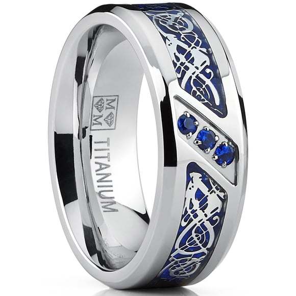 Men's Titanium Wedding Ring Band with Dragon Design Over Blue Carbon Fiber Inlay and Blue Cubic Zirconia SZ 11.5