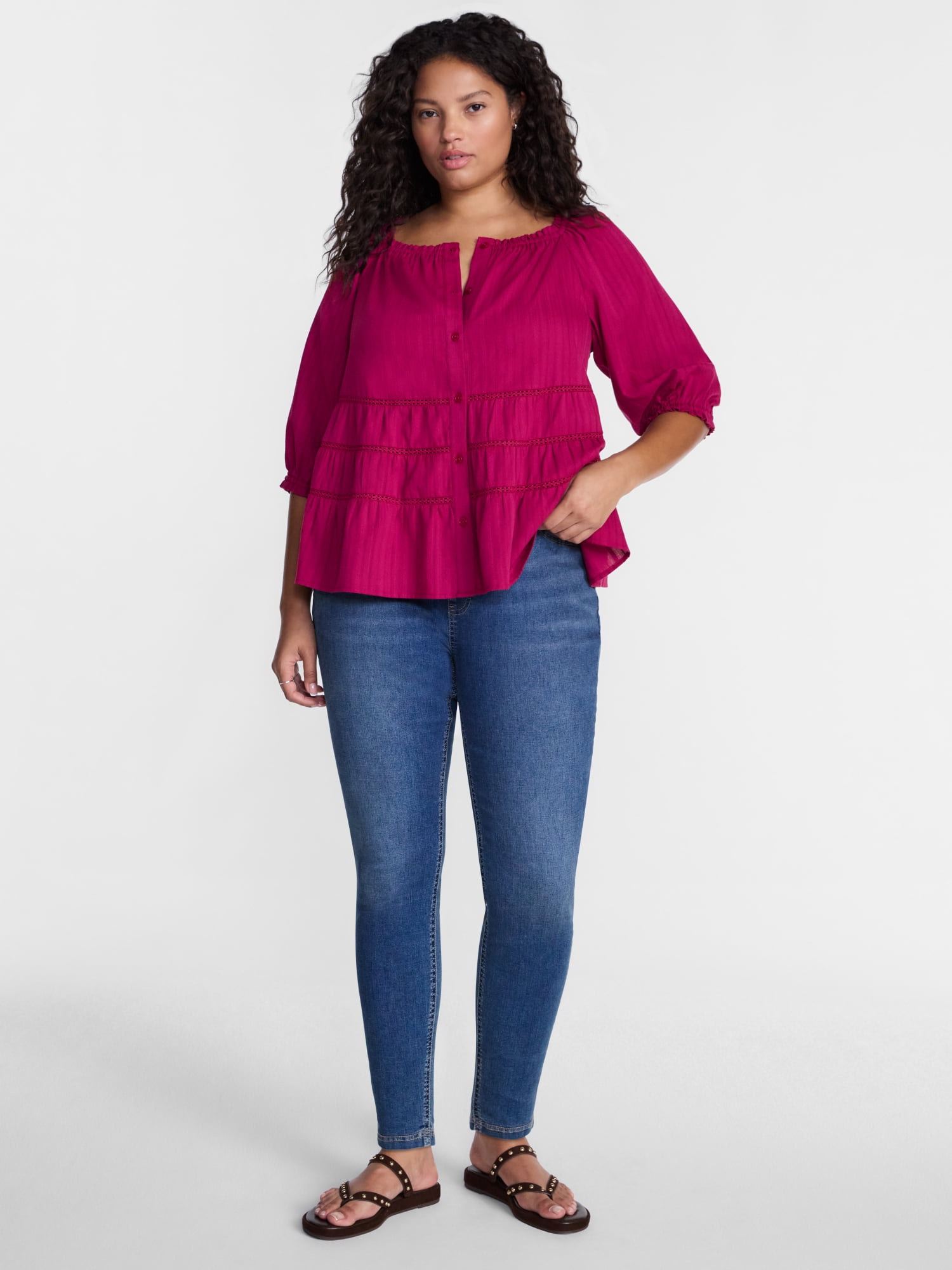 Terra & Sky Women's Plus Eyelet Trim Swing Top with Elbow Length Sleeves, Sizes 0X-5X