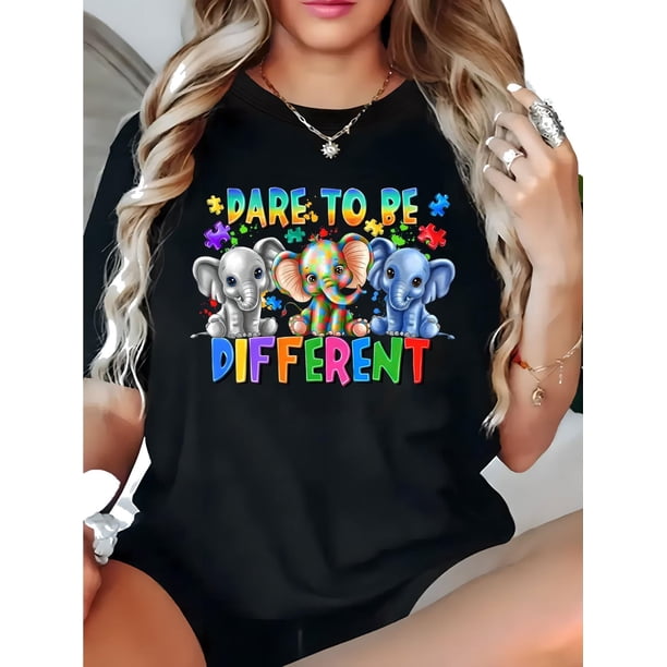 1pc Regular Size Women's Casual Round Neck Short Sleeve Top with Colorful Elephant Graphic, Cotton Knit Fabric, All-Season Comfort Fit
