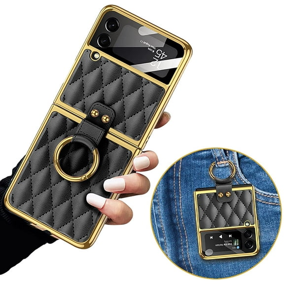 Dteck Samsung Z Flip 3 Case, Galaxy Z Flip 3 Case with Ring Stand, Premium Luxury PU Leather Fashion Cover With Camera Lens Protector Shockproof Protective Case for Samsung Galaxy Z Flip 3 - Black