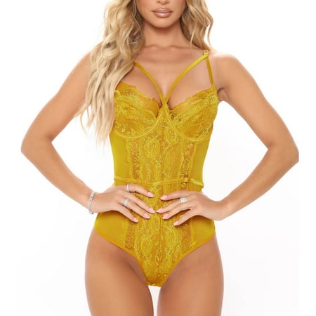 FUNUONY Big Sale!! 2025 Trendy Nightwears for Women See Through V Neck Lace Bodysuit Women Body Suit Yellow L