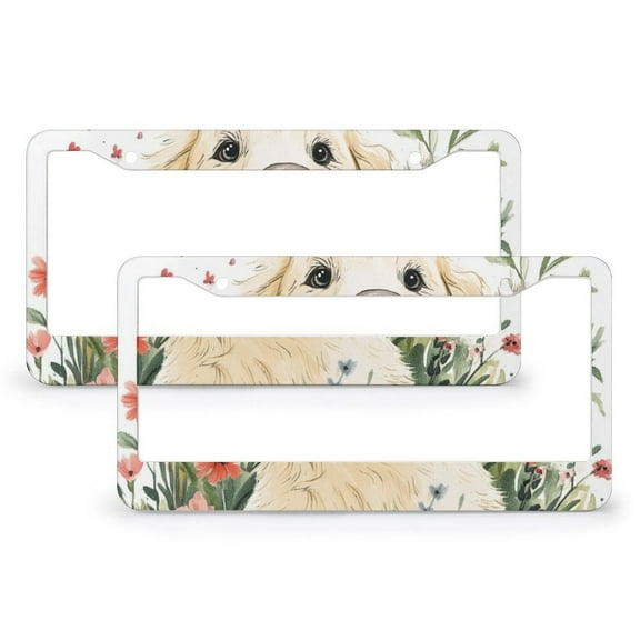 Spring Summer Flower Dog License Plate Frame 2 Pack Dog Themed License Plate Cover Frame Fits All Car 2 Round Holes Quality Aluminum License Plate Frames