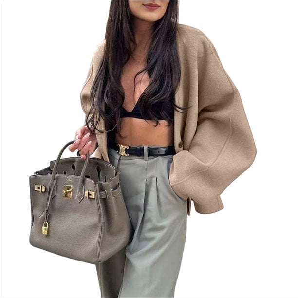 Chaqueta Corta de Mezcla de Lana para Mujer, de Larga, Cuello en V, Botones, Abrigo de Otoño con Bolsillos. Camello S