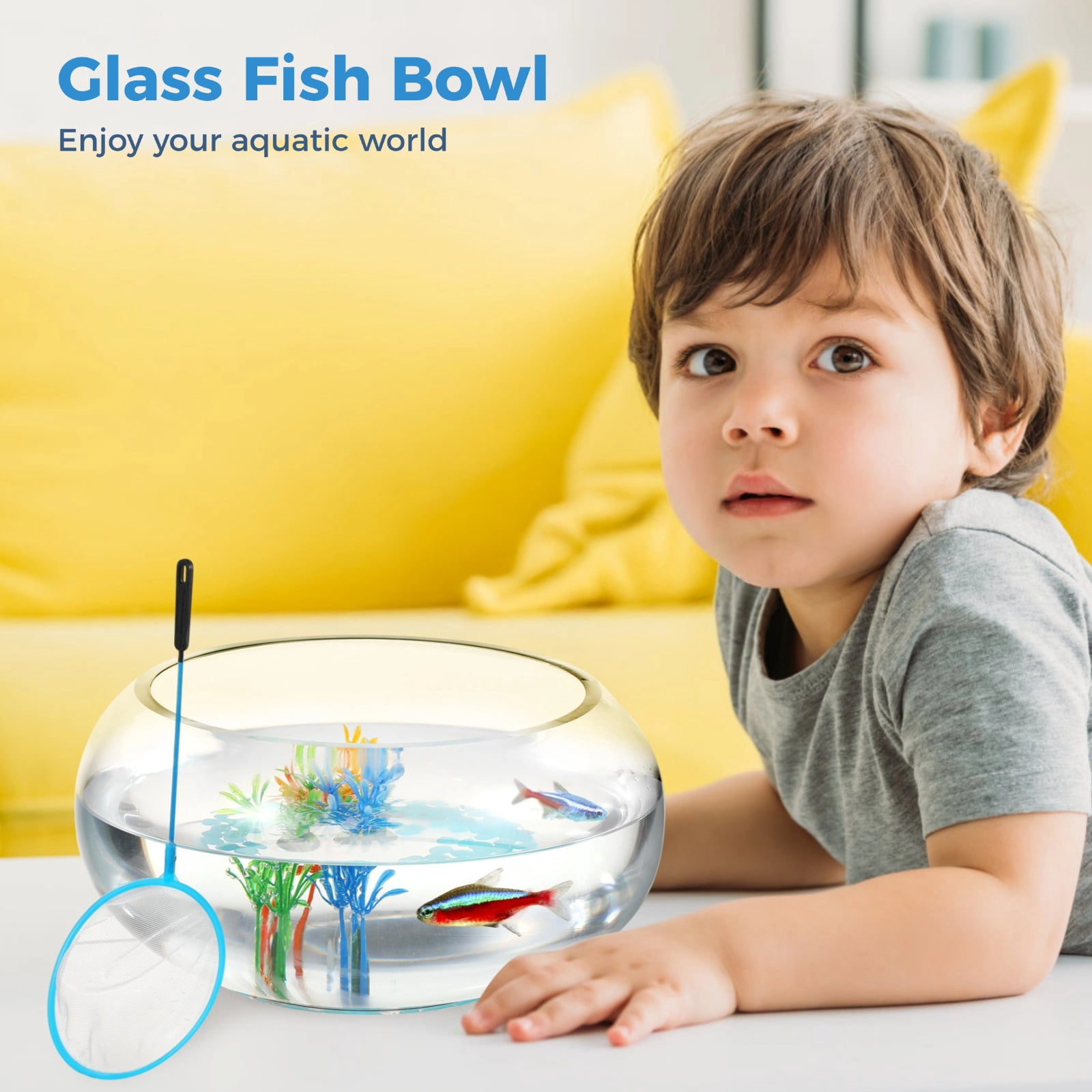 Glass Fish Bowl with Luminous Pebbles, Artificial Plants, and Net, Large Round Desktop Fishbowl, Transparent Decorative Aquarium Kit for Home Office Decor