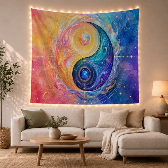 Celestial Yin Yang in Cosmic Watercolor, Mystical Boho for Meditation Enthusiasts, Spiritual Wall Art Birthday Gift Tapestry Wall Hanging for Bedroom, Yoga Room