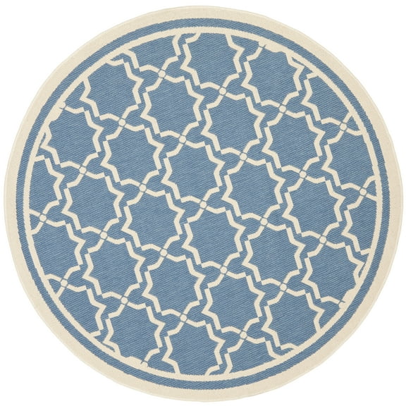 SAFAVIEH Courtyard Allison Geometric Bordered Indoor/Outdoor Area Rug, 5'3" x 5'3" Round, Blue/Beige