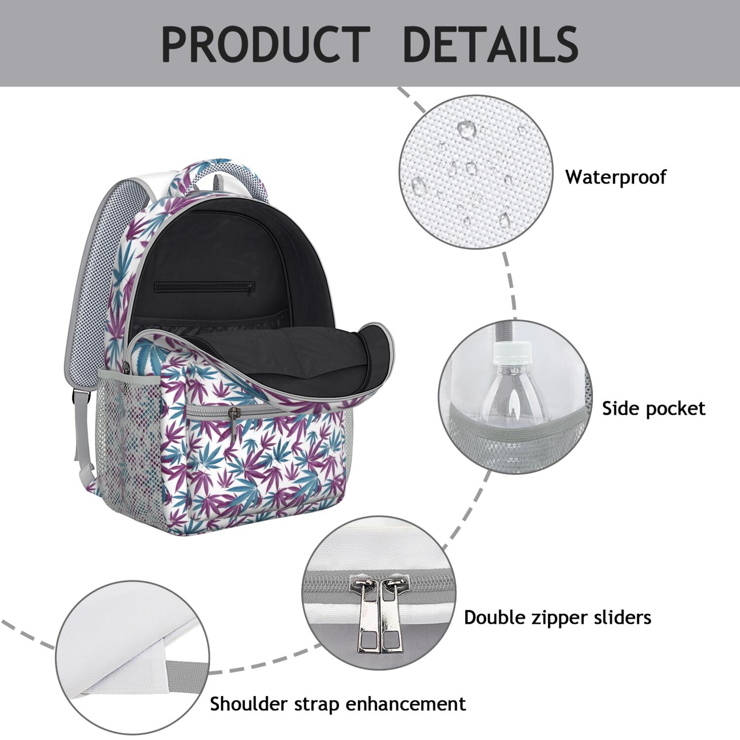 Colorful Weed Lightweight Student Backpack - Waterproof & Durable Bookbag with Hemp Leaf Design & Spacious Storage for Teens