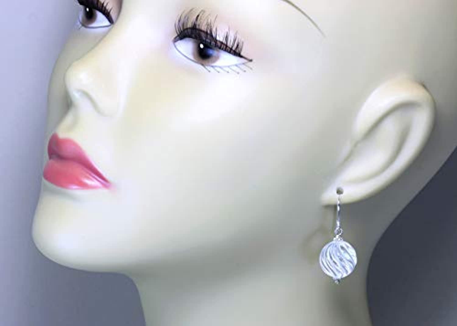 Sterling Silver Clear Quartz Earrings Fancy Cut Round Carved Swirl Dangle Simple Drops Beaded Accents Designed for Adult Women