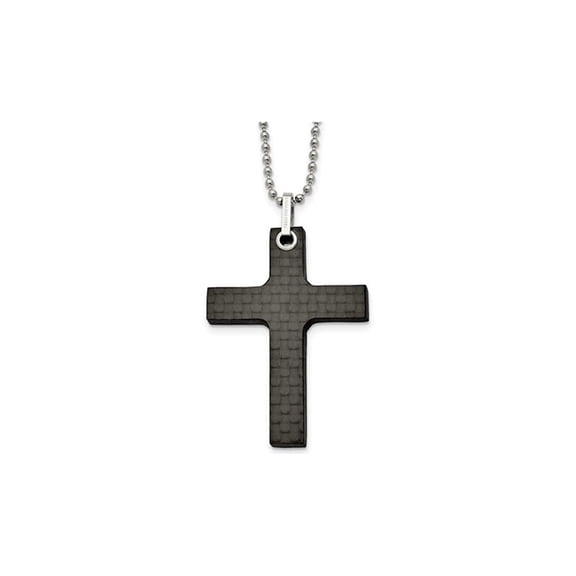 Mens Black Carbon Fiber Cross Pendant Necklace in Stainless Steel with Chain for Men