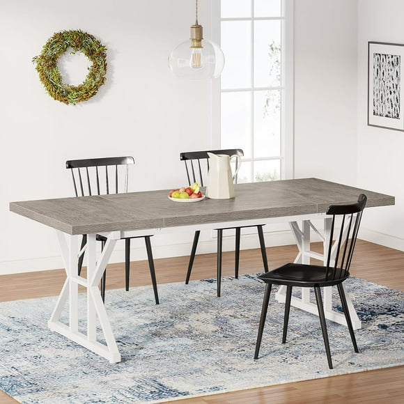 Tribesigns Farmhouse Dining Table for 6 People, 70.8-Inch Rectangular Wood Dining Table, Rustic Kitchen Table with Heavy Duty Metal Legs for Dining Room(Grey)