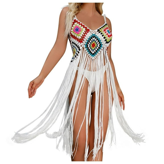 fatyb Cover up Womens Crochet Tassel Bikini Coverup Swimsuit Sleeveless Bathing Suit Beachwear Dress