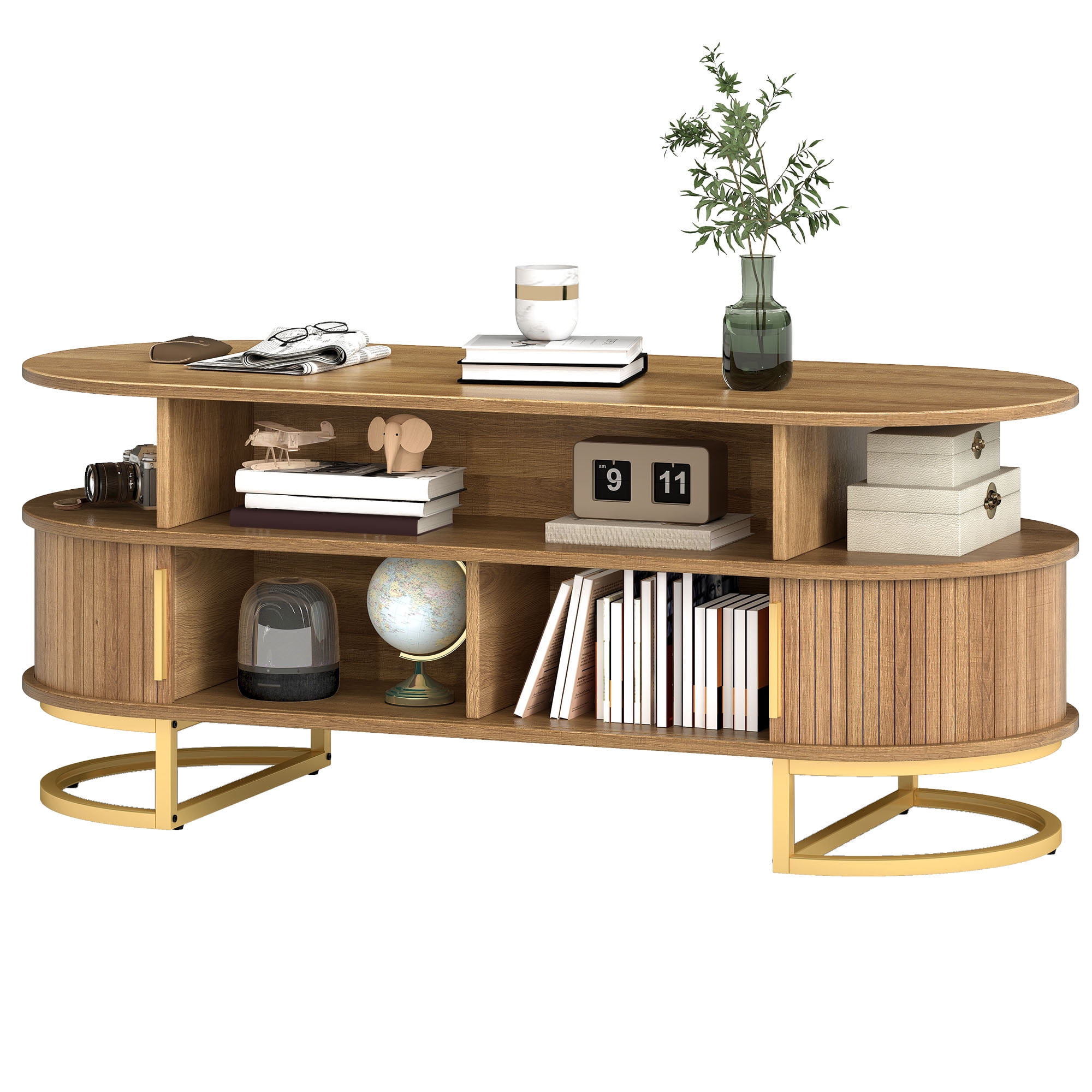 Uforic Oval Coffee Table with Storage & Fluted Sliding Doors for Living Room, Oak