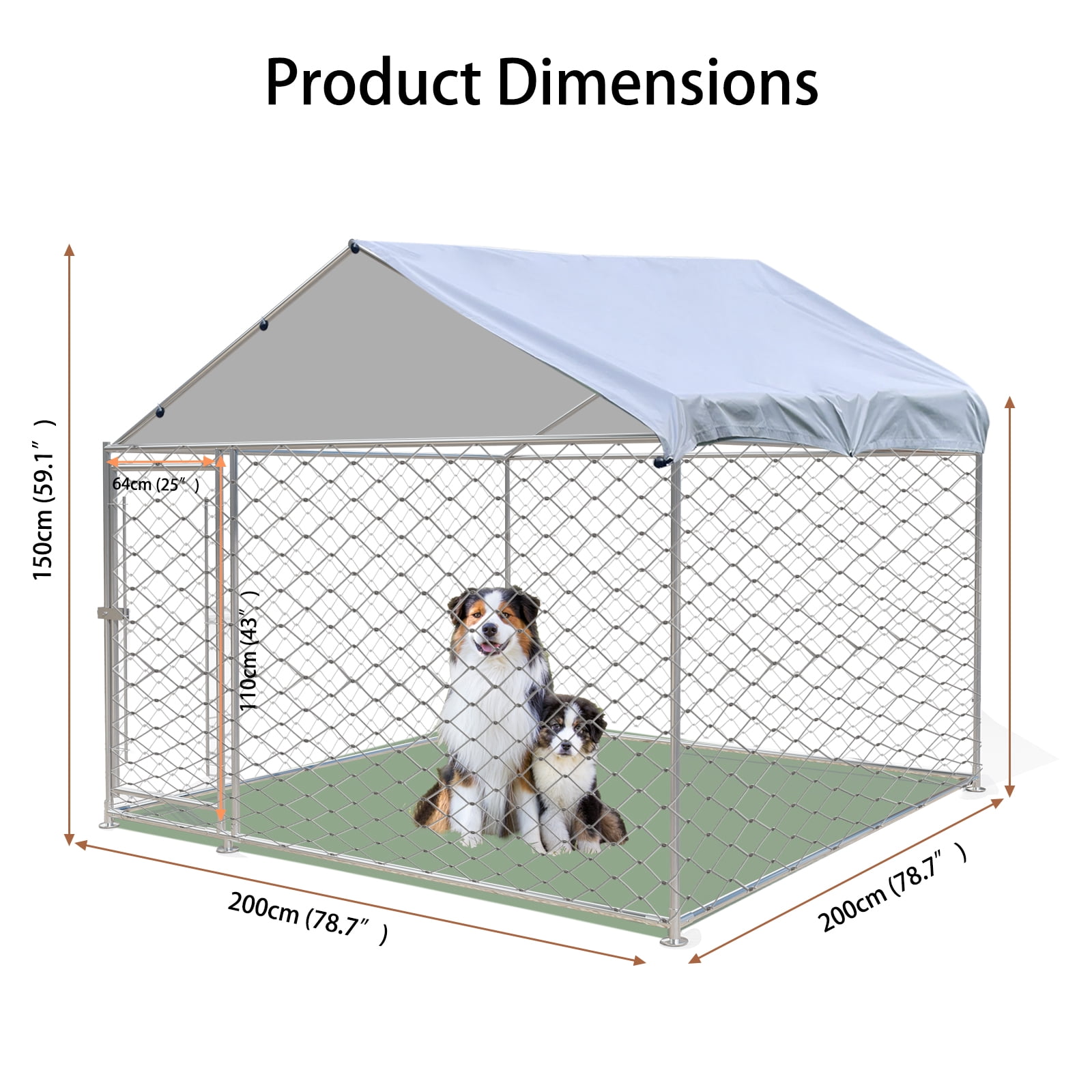 Outdoor Dog Kennel with Roof, 78.7" x 78.7", Galvanized Steel Exercise Pen for Small to Medium Dogs, 43 sq ft