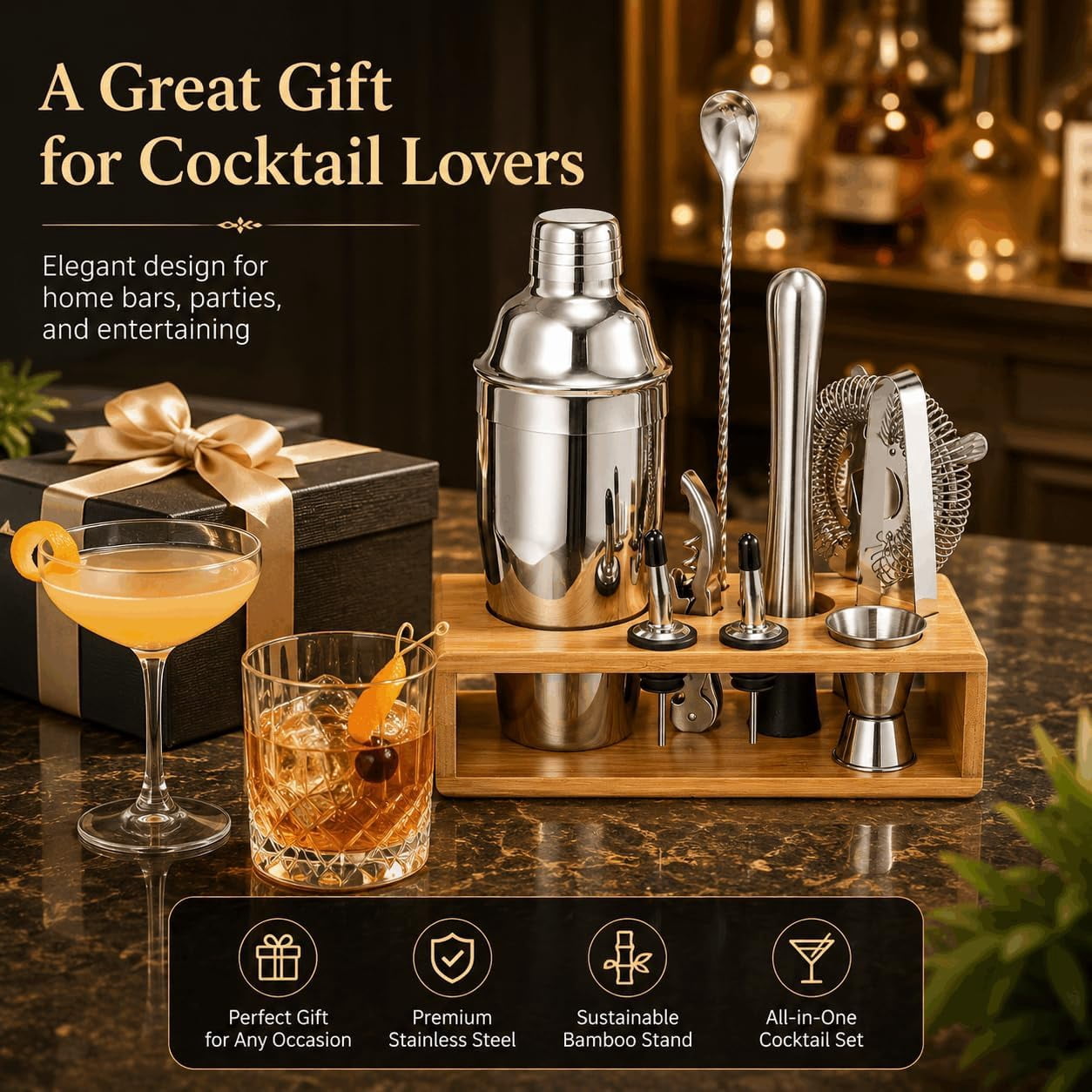 Semderm 10-Piece Cocktail Shaker Set, Stainless Steel Bartender Kit with Bamboo Stand, Mixology Tools with Muddler Jigger Pourers for Home Bar, Gift for Men & Women ( Silver )