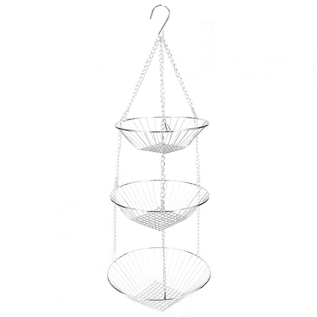 3 Tier Hanging Fruits Basket, Hanging Vegetable Rack Kitchen Storage Baskets with Chain and Hook, Stainless Steel Storage Holder for Fruit Vegetables Eggs Snacks Breads Flower(Silver)