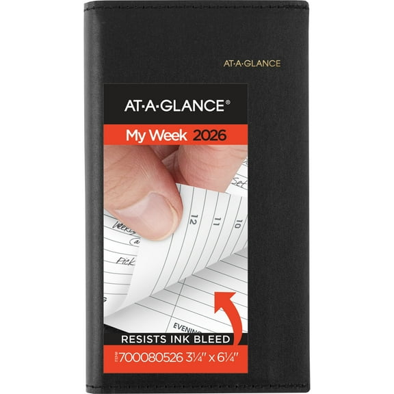 AT-A-GLANCE 2026 Refillable Weekly Appointment Book Planner Black Pocket 3 14 x