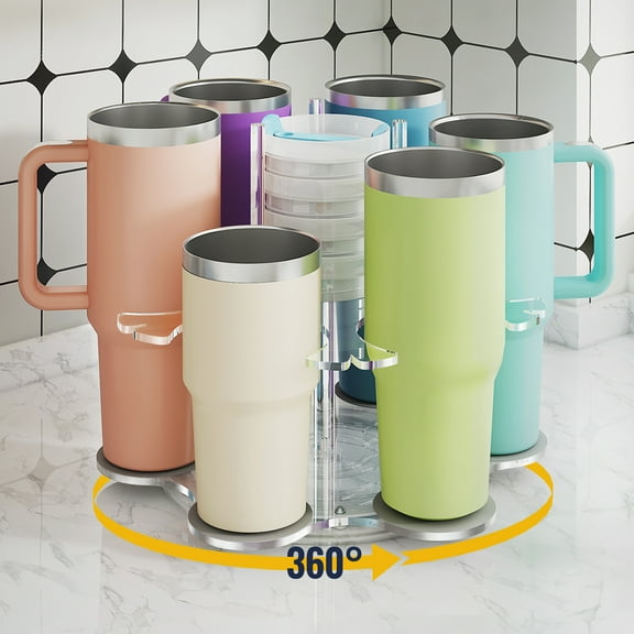 NiHome Rotating Clear Acrylic Water Bottle Organizer Rack, 360° Rotatable Cup Holder, Multi-Size Compatibility for Stanley 40oz & More, Durable Transparent Material, Anti-Slip Pad,Lid Storage Feature