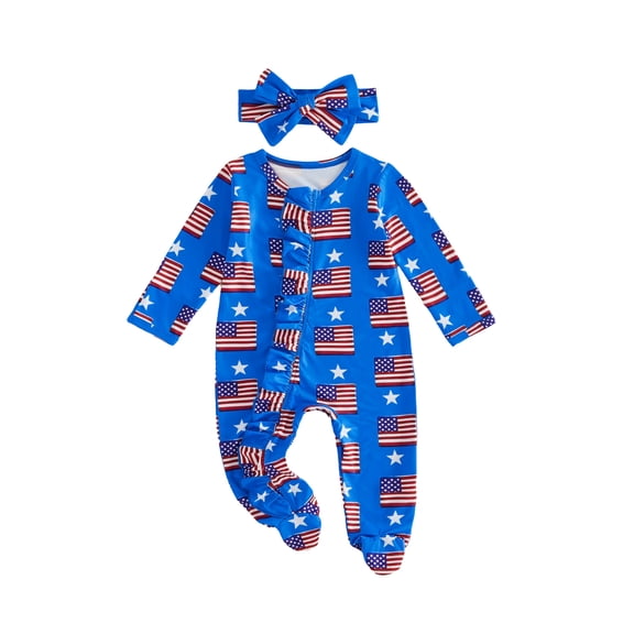 BemeyourBBs Newborn Baby Girl Boy 4th of July Outfit Footed Romper FootieJumpsuit Infant Baby Patriot Independent Day Clothes American Flag Stripe Print Ruffles Long Sleeve Zipper Romper Headband Set