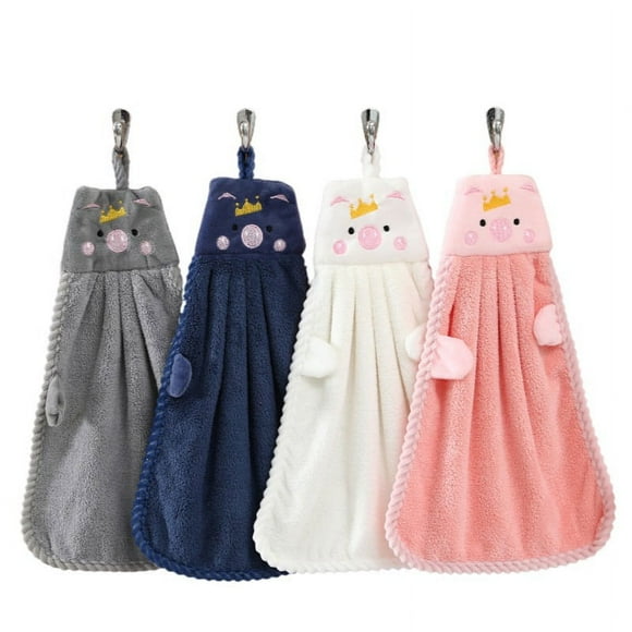 Hweilai 4 Cartoon Wiping Hand Towels Can Hang Coral Velvet, Water Absorption, Quick-drying Adult Children's Kitchen, Cute Hand Scarf 28*38cm