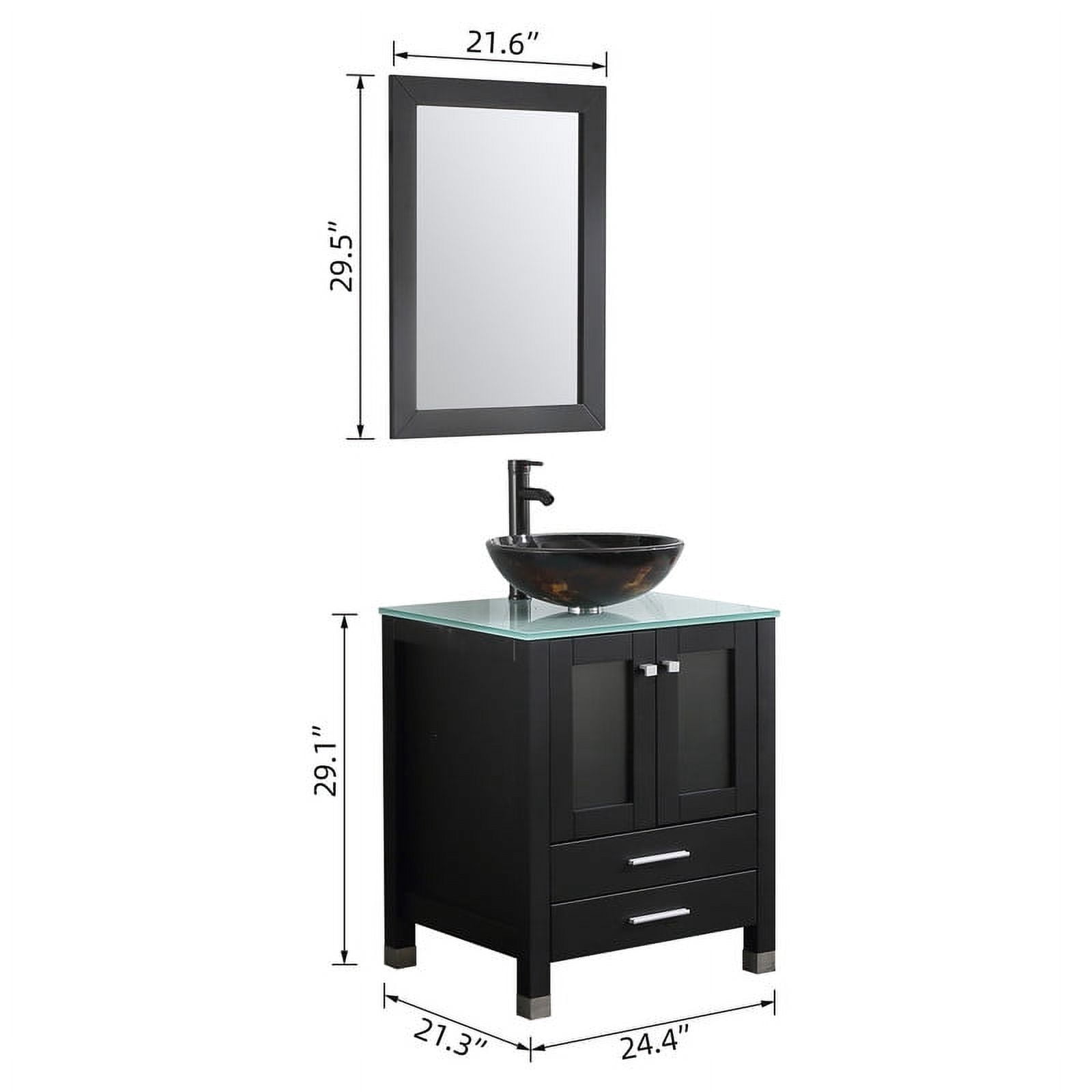 Walsport 24" Luxurious Wood Bathroom Vanity Cabinet Round Tempered Glass Vessel Sink Bowl ORB Faucet Drain Combo Design with Mirror Modern Vanities Set,Black