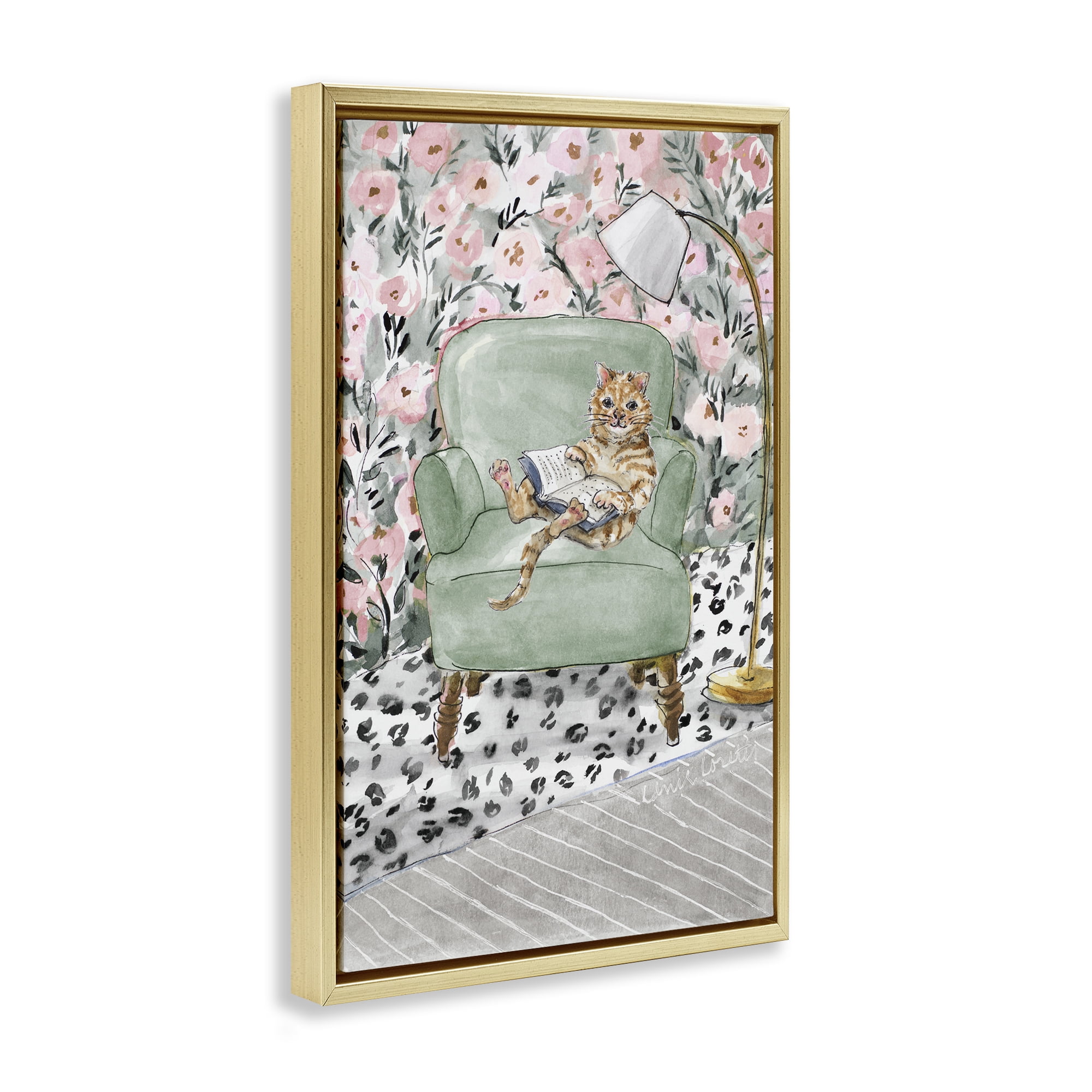 Stupell Industries Cozy Cat Reading Gold Framed Floater Canvas Wall Art, design by Lanie Loreth