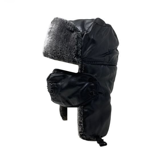 Unisex Winter Leather Trooper Hat, Hunting Hat, Ear Flap, Chin Strap & Windproof Mask Black