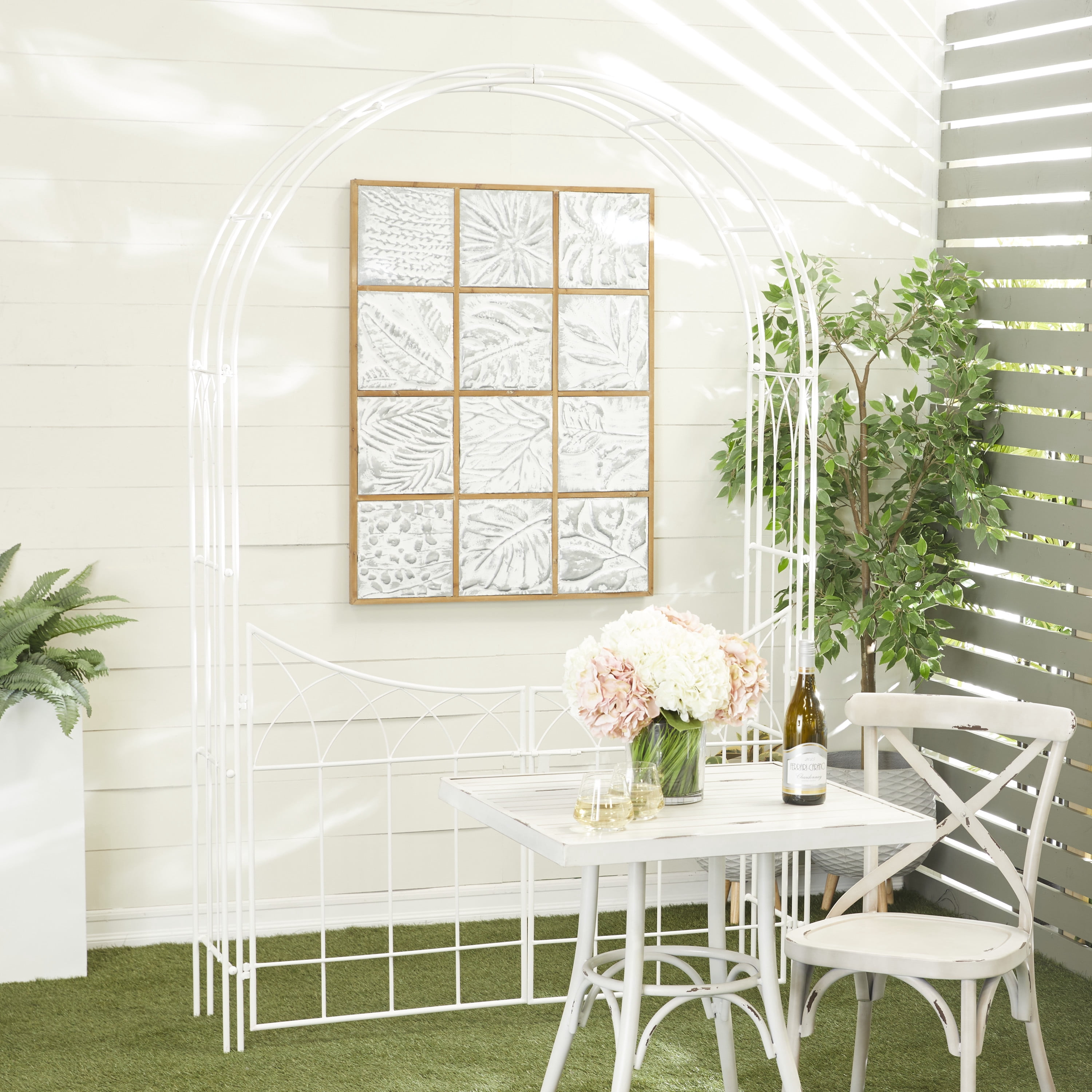 DecMode 86" Indoor Outdoor Arched Gate White Metal Garden Arbor with Lattice Work Sides