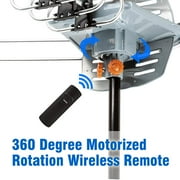 Five Star Outdoor HD TV Antenna Strongest Up to 150 Miles Long Range with Motorized 360 Degree Rotation, UHF/VHF/FM Radio Infrared Remote Control with Mounting Pole & 40FT Coax Cable Support 2 TVs