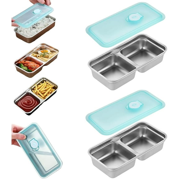 Stainless Steel Snack Containers Reusable, 2025 Double Compartment Snack Containers with Lids, Grab and Go Divided Snacks Dips for Travel and Outdoor Camping, Durable Food Storage,2PCS