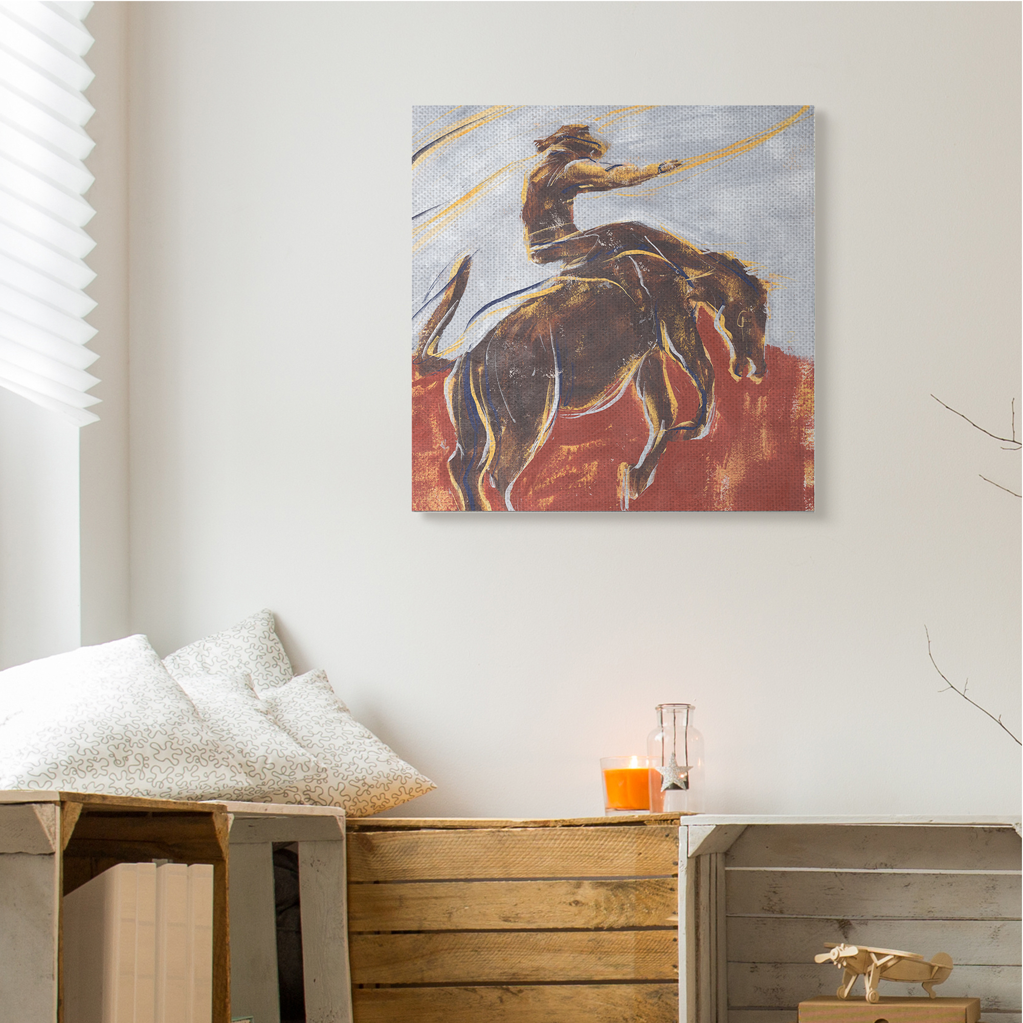 Stupell Industries Western Cowboy Lasso Horse Buck Red Blue Animals & Insects Painting Gallery Wrapped Canvas Art Print Wall Art, 30 x 30