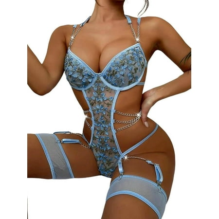 

FASHIONWT Women Embroidery Metalic Sheer Lace One PieceGarter Belts Erotic Lingerie Jumpsuit