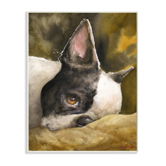 Stupell Industries Boston Terrier Resting Dog Pet Portrait Black Brown Wall Plaque, 13 x 19, Design by George Dyachenko
