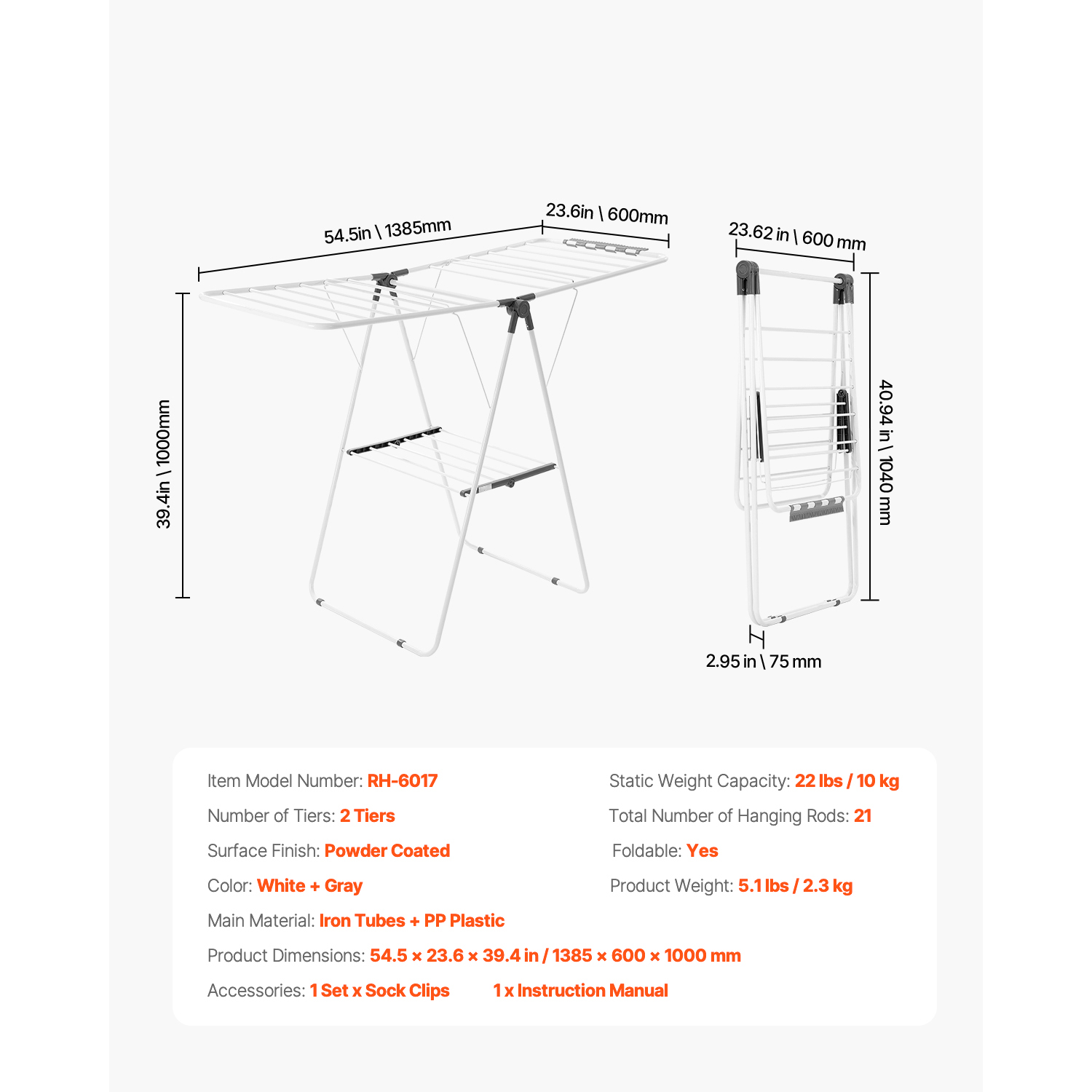 KFFKFF 2-Tier Adjustable Clothes Drying Rack, White photo 2
