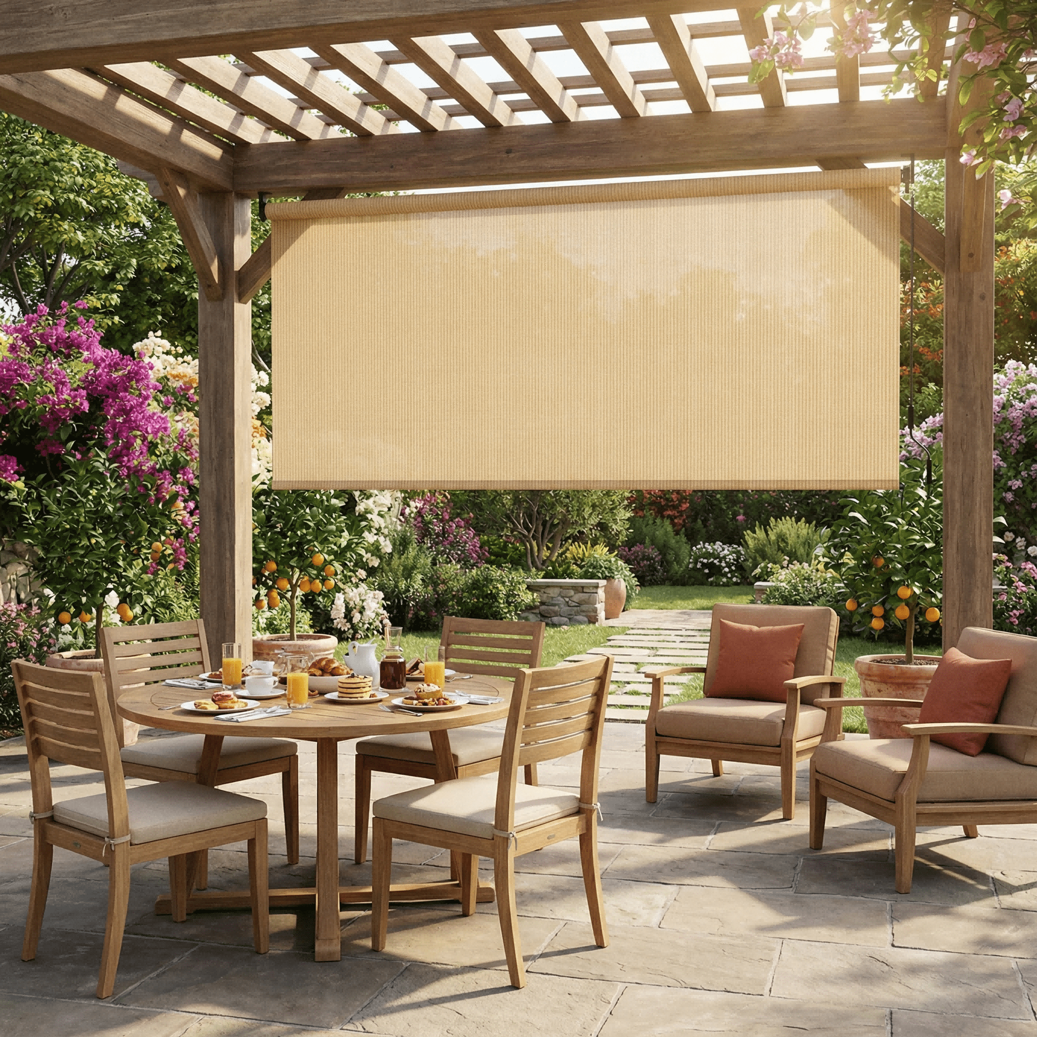 LIFERUN Outdoor Roller Sun Shade 6'W x 6'H, HDPE Shade Cloth & Aluminum Tube, Easy Install for Outdoor Pergola, Porch, and Garden (Sesame)