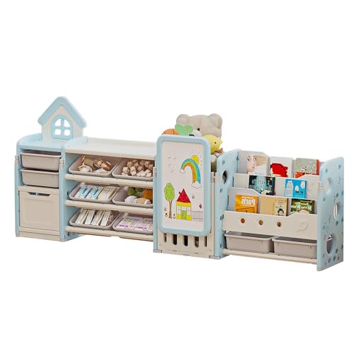 UNICOO® Kids Multifunctional Toy Storage Organizer with 3-Tier Bookshelf, Storage Rack & Drawing Board, Flexible & Versatile L Shaped Organizer for Nursery, Playroom, Study Room (Blue & White)