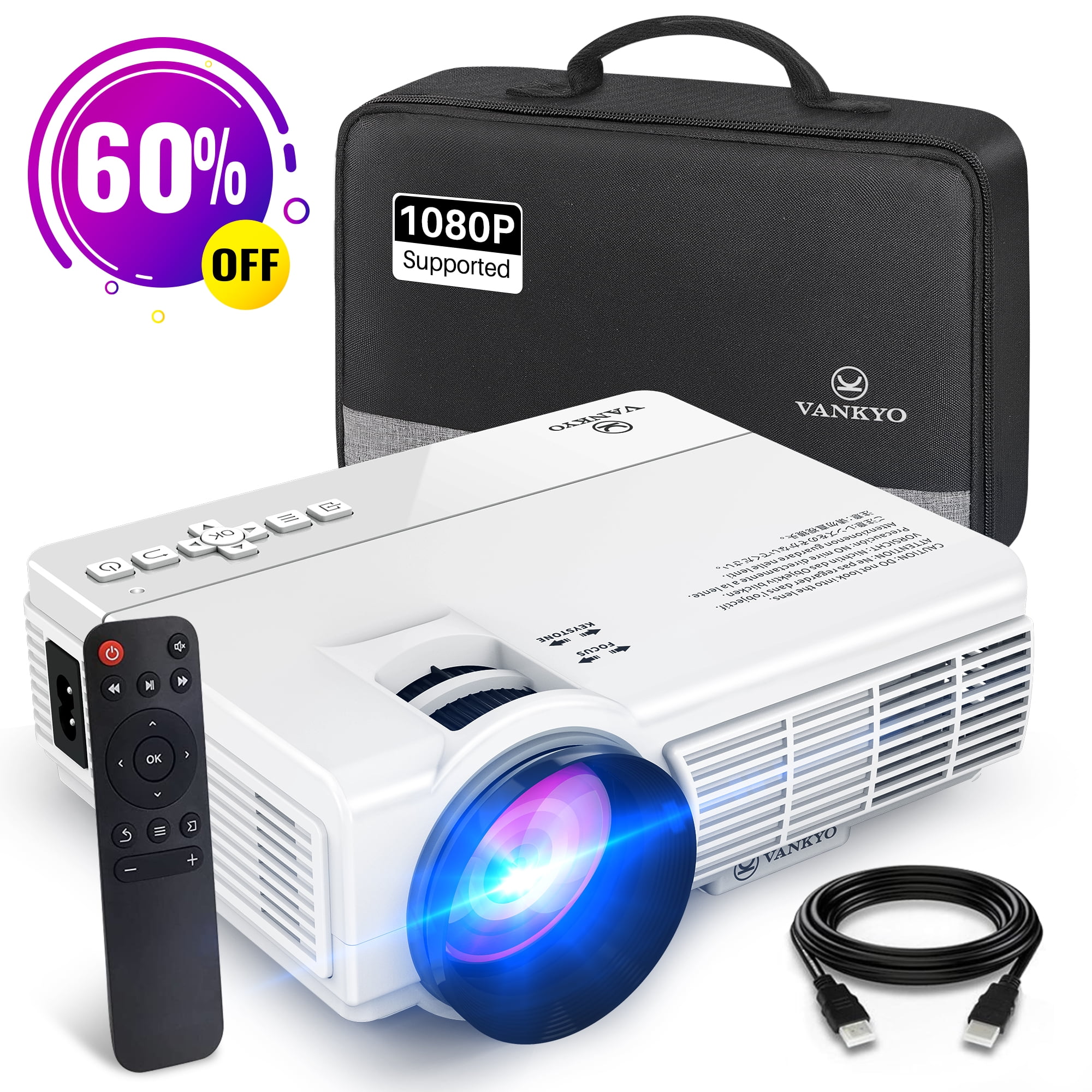 stadig De er Bekendtgørelse VANKYO Leisure 3 1080P Supported Mini Projector with 65000 Hours Lamp Life,  LED Portable Projector Support 200'' Display, Compatible with TV Stick,  PS4, HDMI, VGA, TF, AV and USB (White) - Walmart.com