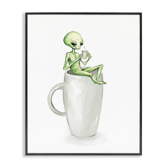 Stupell Industries Alien & Coffee Mug Food & Beverage Painting Black Framed Art Print Wall Art, 11 x 14