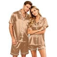 thumbnail image 2 of Couples Pajamas Matching Sets 2 Piece Lounge Set Silk Satin Pajamas Matching Button Down Tops and Shorts Soft Sleepwear S-Xxxxl（Women）, 2 of 8