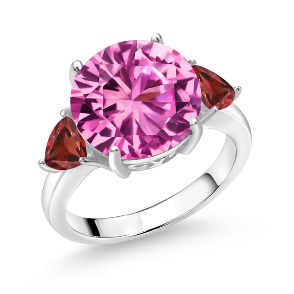 Gem Stone King 925 Sterling Silver Pink Created Sapphire and Red Garnet 3-Stone Ring for Women (8.88 Cttw, Round 12MM, Trillion 5MM, Size 8)
