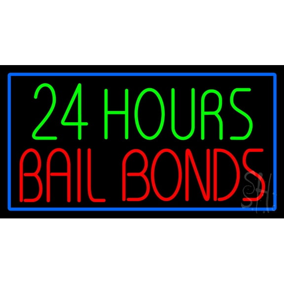 24 Hours Bail Bonds with Blue Border LED Neon Sign 20 x 37 - inches, Black Square Cut Acrylic Backing, with Dimmer - Bright and Premium built indoor LED Neon Sign for Defence Force.